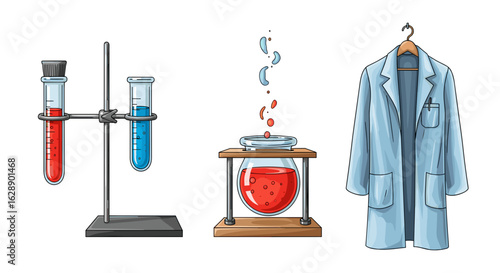 Scientific laboratory equipment arrangement showcasing flasks, test tubes, and a lab coat.
