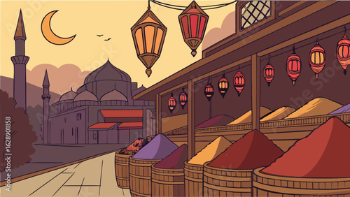Colorful Spice Market Scene at Dusk with Mosque.