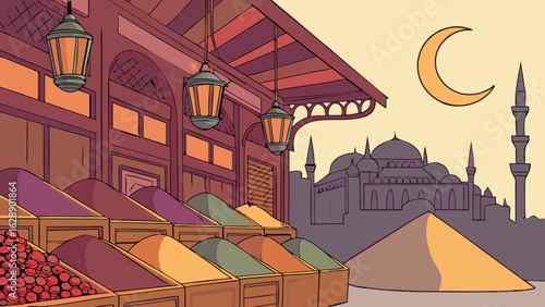 Colorful Spice Market Scene with Mosque in the Background 1.