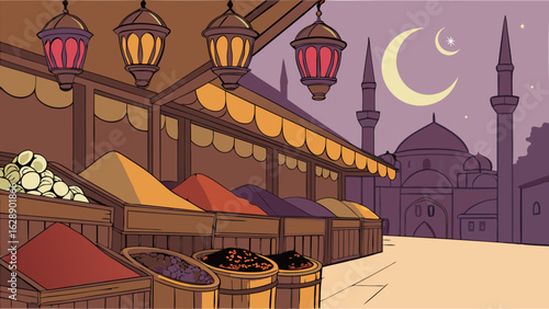 Colorful Spice Market Scene at Night with Mosque.