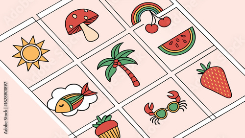 Colorful Summer Icons Grid Design.