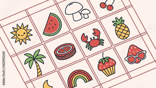 Cute Summer Food and Nature Icons Grid.