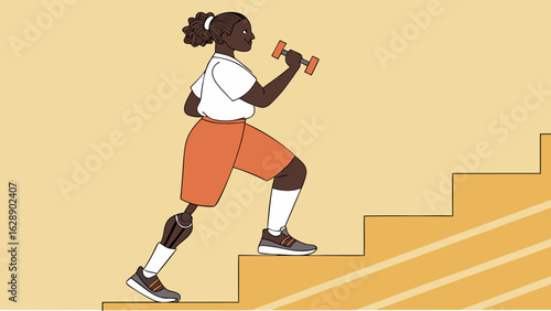 Determined Woman with Prosthetic Leg Climbing Stairs with Weights.