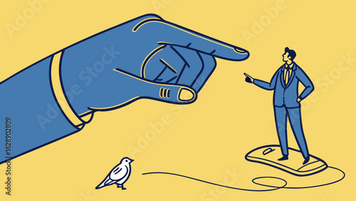 Giant Hand Pointing at a Businessman on a Mouse.