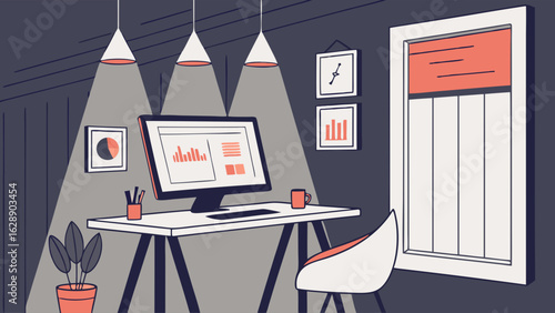Modern Workspace with Computer and Data Visualization.