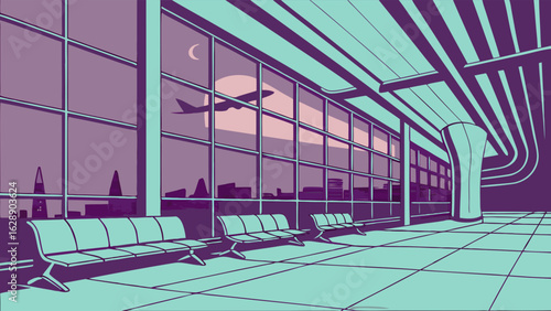 Night Airport Lounge with City View and Airplane.