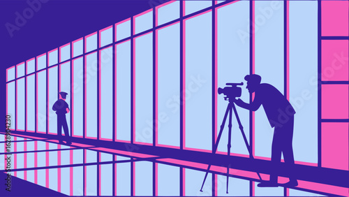 Silhouette of a cameraman filming from a highrise window.
