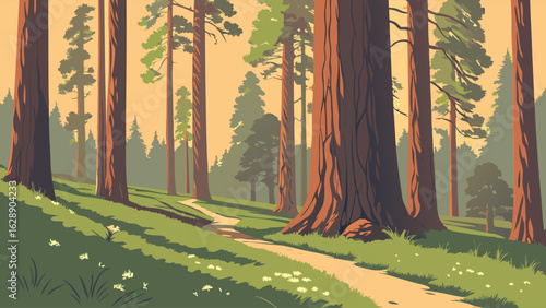Serene Redwood Forest Path at Sunrise.