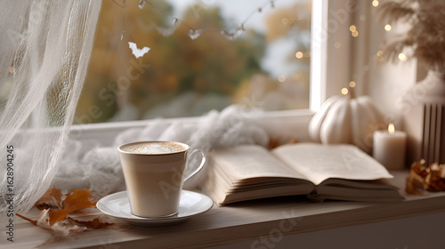 Cozy autumn window with coffee, a book, and decorative pumpkins creating a warm, inviting atmosphere.