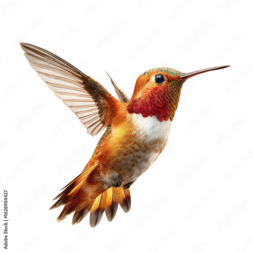 Obraz premium A vibrant hummingbird in flight against a black background. Detailed plumage