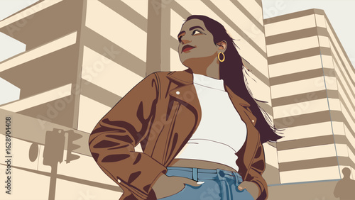 Stylish Woman in Brown Jacket Against City Buildings.