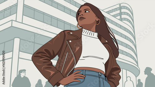 Stylish Woman in Brown Leather Jacket in Urban Setting.