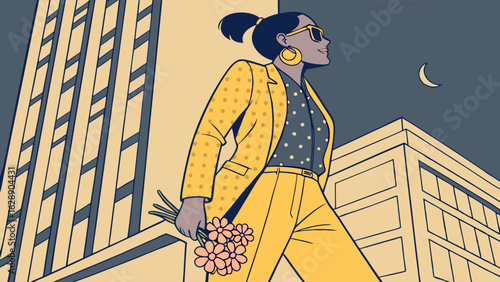 Stylish Woman in Yellow Outfit with Flowers at Night 1.