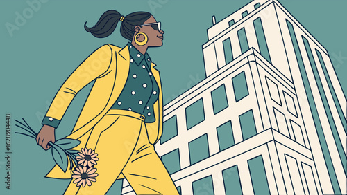 Stylish Woman in Yellow Suit Walking Towards a City Building 1.