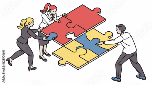 Teamwork Assembling a Colorful Jigsaw Puzzle 1.