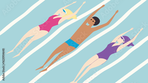 Three People Swimming in a Pool Stylized Illustration.