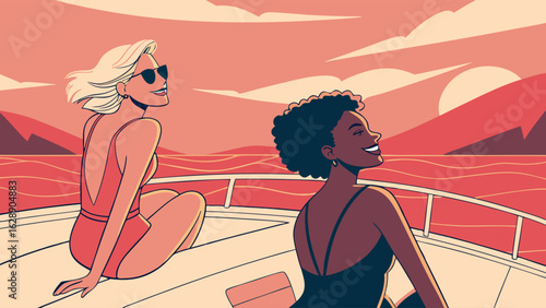 Two Women Relaxing on a Boat at Sunset.