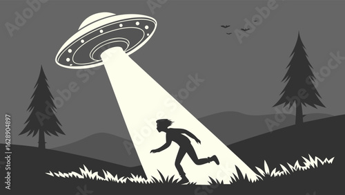UFO Spotlights a Person Running Through the Woods.
