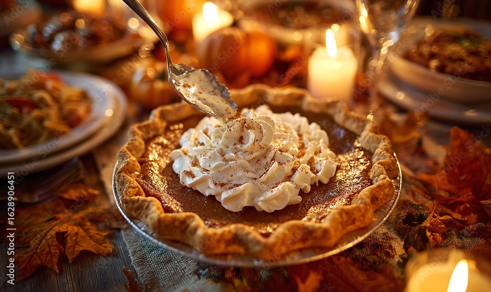 Fototapeta premium Tarte à la citrouille garnie de crème fouettée, décor festif
