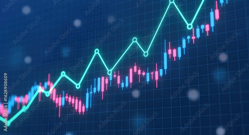 Naklejka premium Vibrant Blue Stock Market Chart Showing Upward Trend and Volatility in a Dynamic Presentation