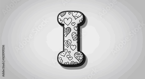 Hand-drawn letter I of the English alphabet filled with cute doodle hearts. Monochrome vector initial illustration.
