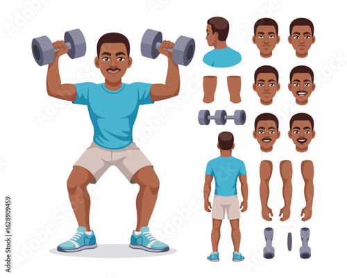 Athletic man character design, 2D vector illustration sheet with multiple poses, facial expressions, and body parts for animation, fitness concepts, workout explainer videos, and sports branding 