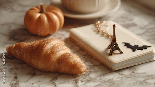 Autumnal Still Life: Croissant, Pumpkin, and Journal with Eiffel Tower Charm and Bat on Marble Surface
