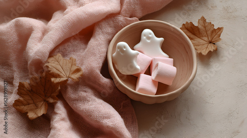 Halloween sweets: ghost shapes & pink marshmallows in a bowl, with autumn leaves and pink fabric.