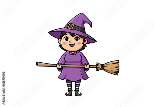 Cheerful Young Witch Character in Purple Costume Holding a Broomstick
