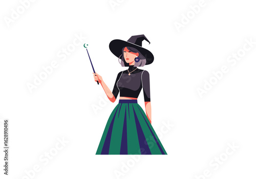 Witch Casting a Spell with Wand in Colorful Outfit and Mystical Atmosphere