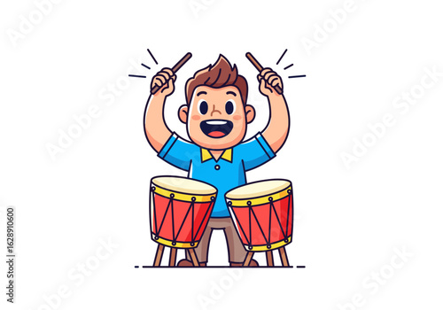 Joyful Boy Enthusiastically Playing Conga Drums with Sticks