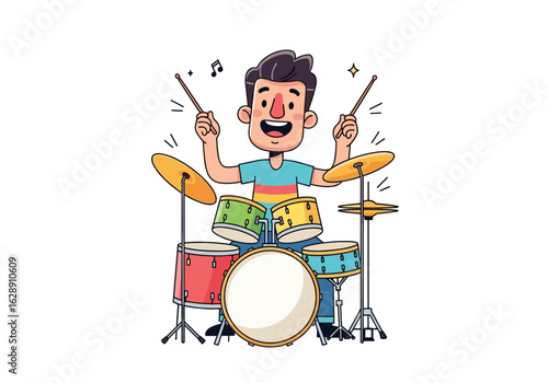 Cheerful Young Boy Enjoying Playing Colorful Drum Set with Enthusiastic Expression