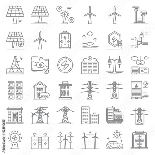 Collection of clean renewable energy icons representing sustainable power sources and green technology solutions