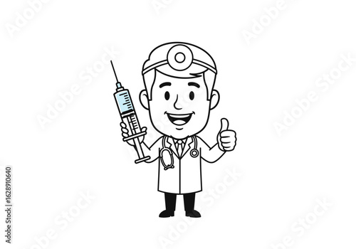 Smiling Doctor Giving Thumbs Up while Holding a Syringe in a Cartoon Style Illustration