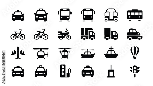 Collection of diverse transportation icons including cars taxis buses motorcycles airplanes helicopters boats and hot air balloons