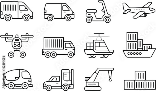 Collection of diverse transportation and delivery vehicles including vans trucks airplanes drones ships and more in a clean outline style