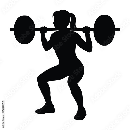 Silhouette of a fit woman performing a barbell back squat exercise in a gym setting