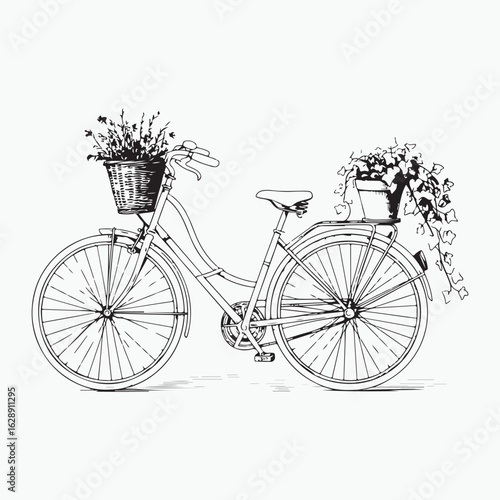 Vintage bicycle with flower baskets on front and rear in detailed black and white sketch