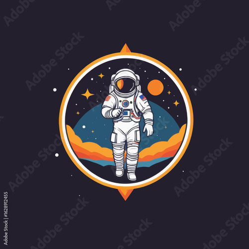 Astronaut Walking on Alien Planet within Circular Emblem