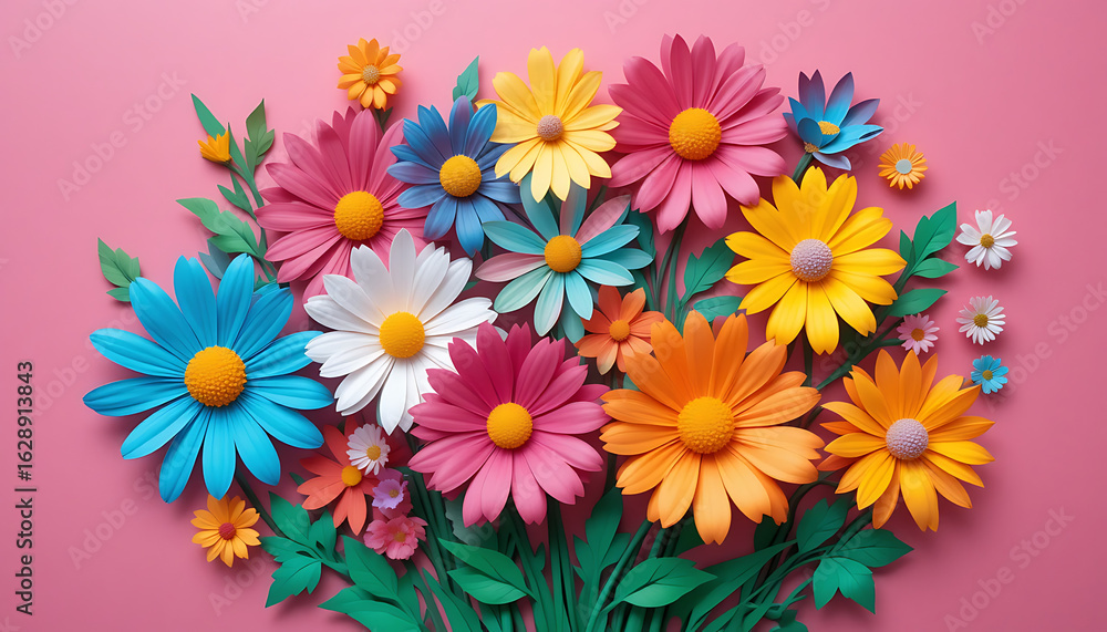 Fototapeta premium Vibrant Paper Flower Bouquet on Pink Background 2.