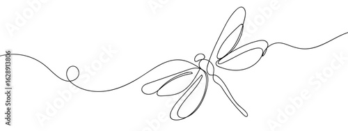 Continuous vector line drawing of a dragonfly flying. Transparent background. Simple lines. Minimalist. Editable stroke.