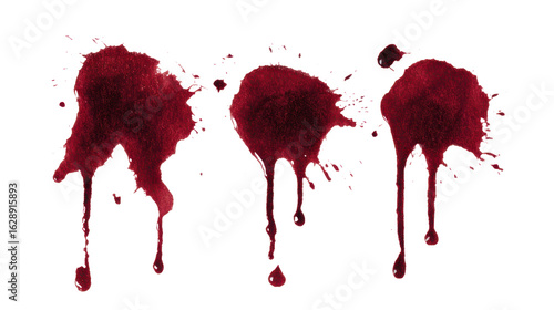 Crimson liquid splatters with dripping drops and streaks isolated on white