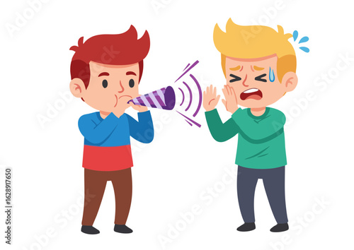 Two Cartoon Boys One Blowing a Purple and White Striped Party Horn Loudly the Other Covering his Ears in Distress.