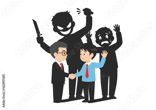Illustration of Businessmen Shaking Hands with Shadowy Threatening Figures.