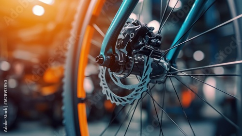 Close-up of a teal and orange bicycle wheel with disc brakes