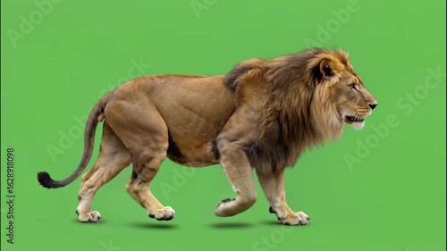 Majestic male lion walking with flowing mane isolated on green screen background