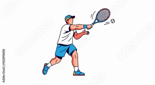 Dynamic tennis player powerfully swings racket during intense match, capturing athletic action and focus