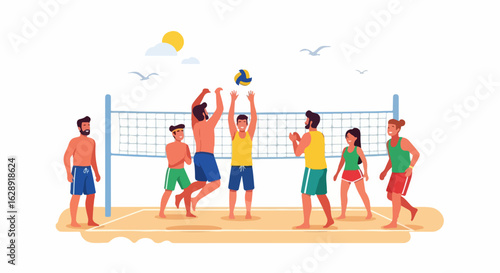Dynamic beach volleyball game captures summer fun and athletic energy on sunny sandy court