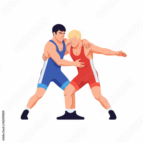Two male wrestlers locked in intense combat, striving for dominance on the mat with focused determination.
