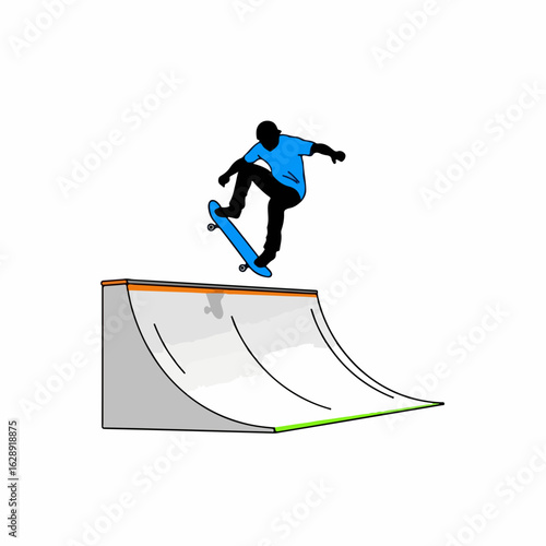 Dynamic skateboarder performs aerial trick on half-pipe ramp, capturing thrilling action and extreme sports energy.